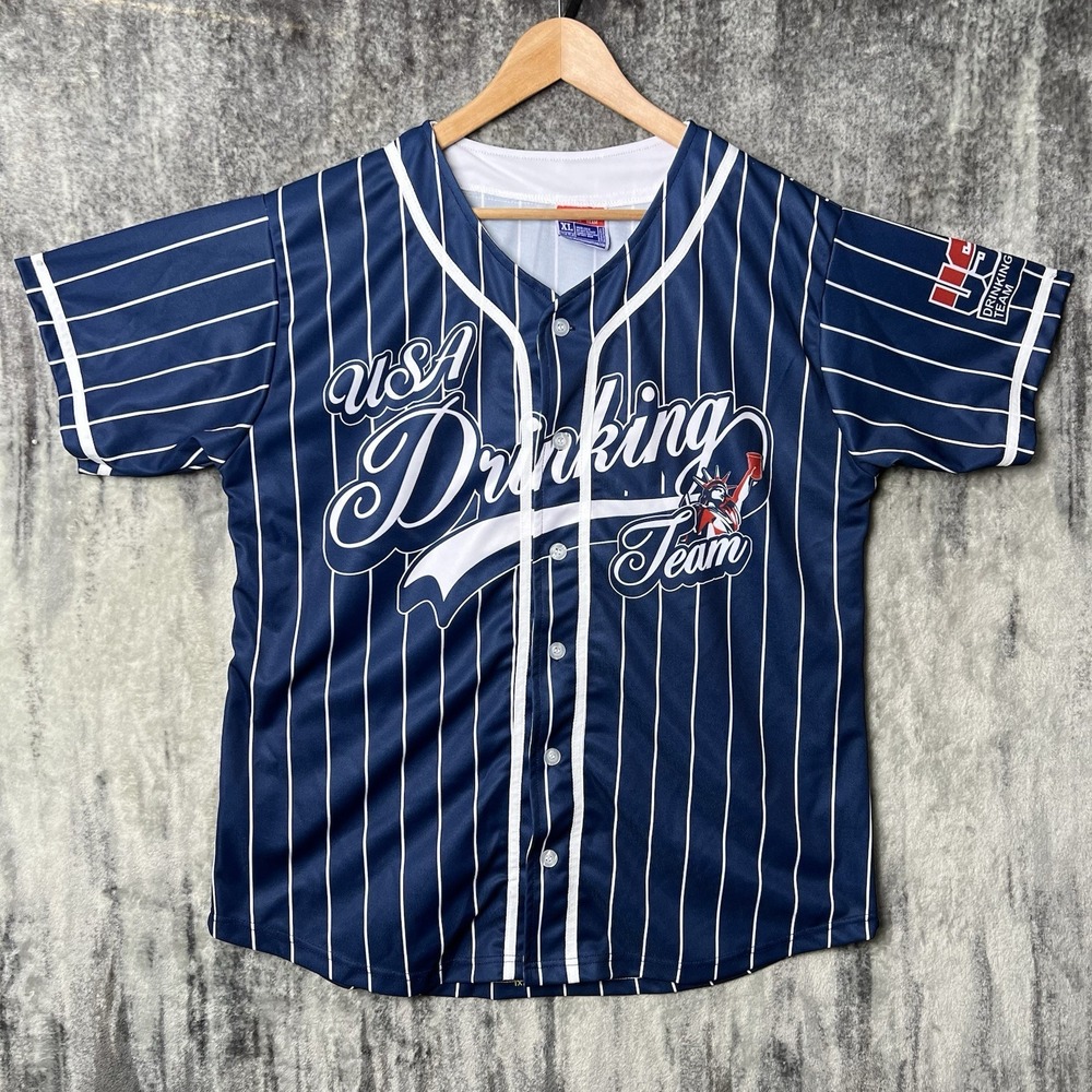 Rare Official USA Drinking Team #1 Jersey Blue White Mens Size XL Beer Pong